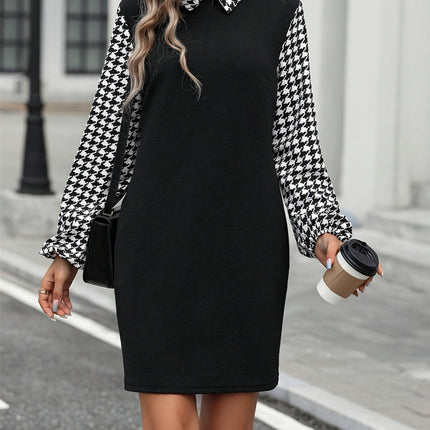 Houndstooth Collared Neck Long Sleeve Mini Dress