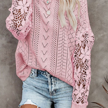 Openwork Round Neck Long Sleeve Sweater