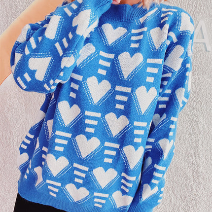 Heart Contrast Long Sleeve Dropped Shoulder Sweater