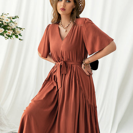 Plus Size V-Neck Flutter Sleeve Midi Dress