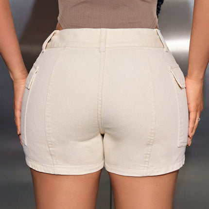 Mid-Rise Waist Denim Shorts with Pockets