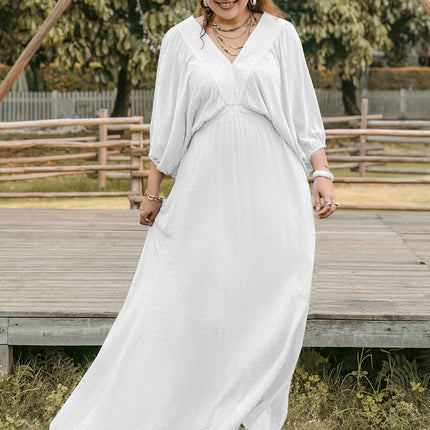 Plus Size Swiss Dot V-Neck Three-Quarter Sleeve Dress