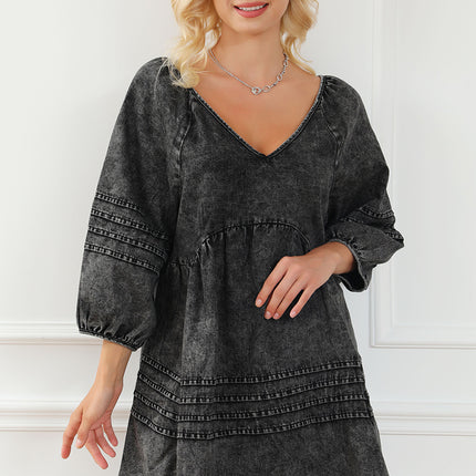 V-Neck Three Quarter Sleeve Denim Dress