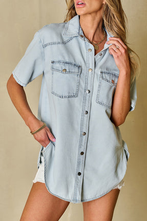 Slit Snap Down Short Sleeve Denim Top