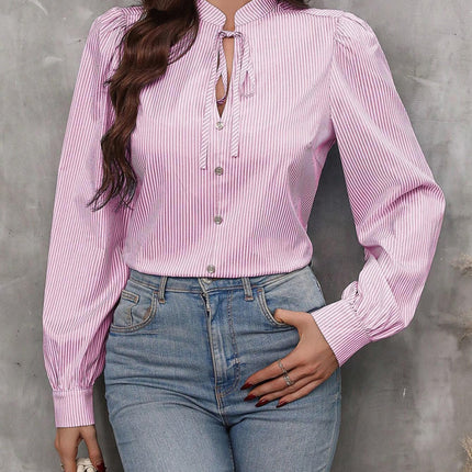 Striped Tie Neck Long Sleeve Blouse