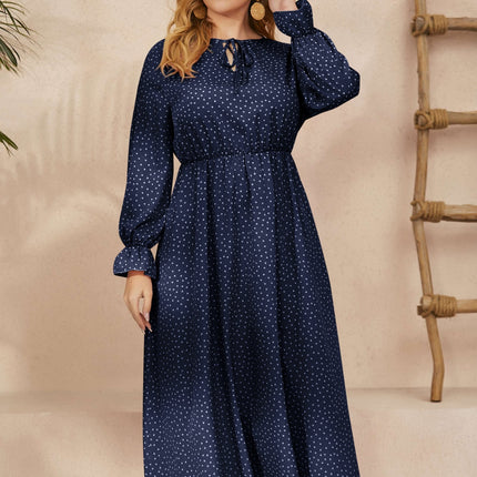 Plus Size Ruffled Polka Dot Long Sleeve Midi Dress