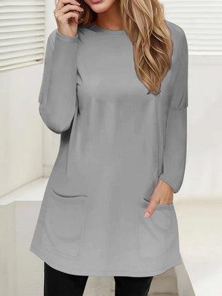 Full Size Pocketed Round Neck Long Sleeve T-Shirt