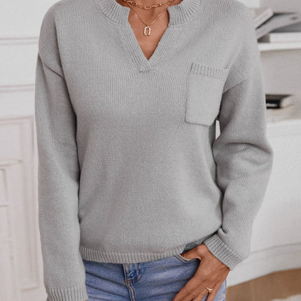 Pocketed Notched Long Sleeve Knit Top