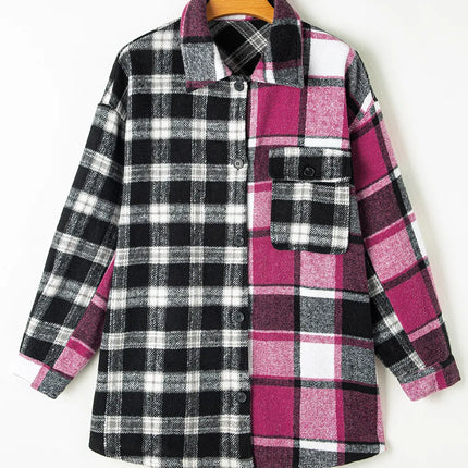 Pocketed Plaid Collared Neck Long Sleeve Shacket