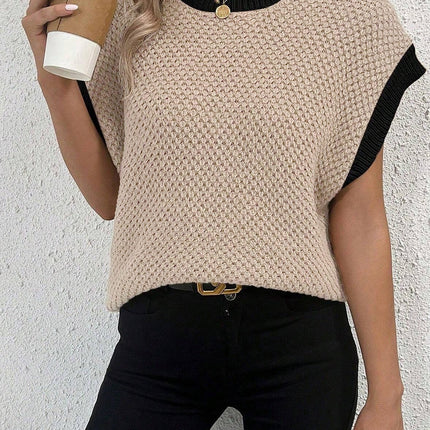 Contrast Round Neck Cap Sleeve Knit Top