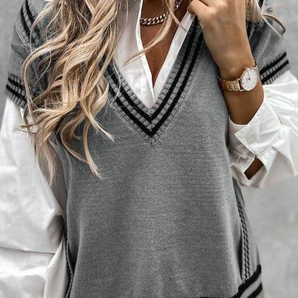 Striped Trim V-Neck Sweater Vest