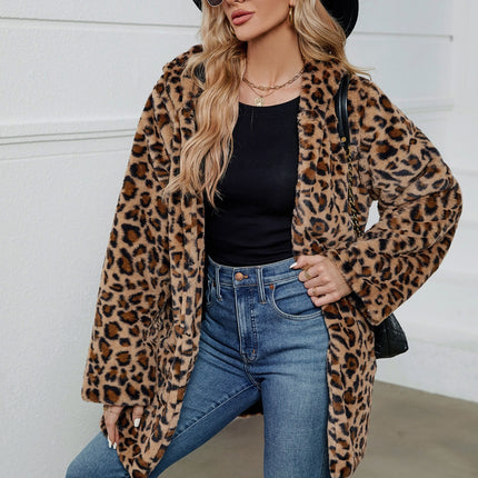 Fuzzy Leopard Hooded Long Sleeve Jacket