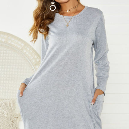 Pocketed Round Neck Long Sleeve Dress