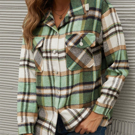 Plaid Collared Neck Long Sleeve Jacket