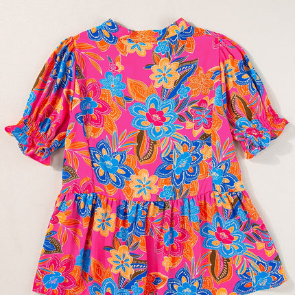 Peplum Printed Notched Short Sleeve Blouse