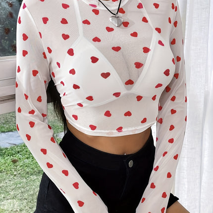 Heart Round Neck Long Sleeve Sheer Top