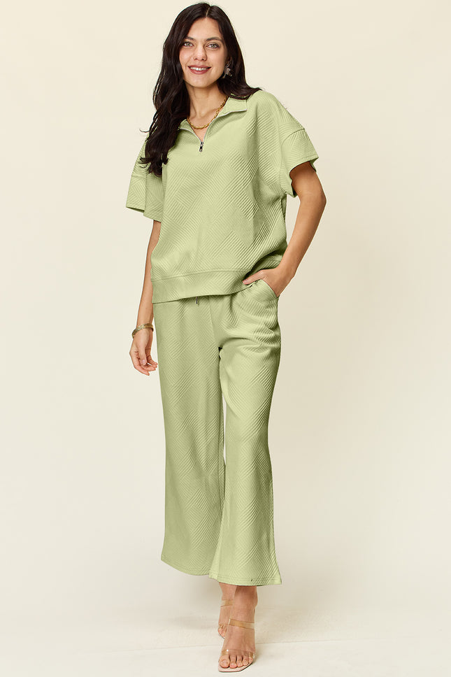 Double Take Full Size Texture Half Zip Short Sleeve Top and Pants Set - Vickie Lynn's