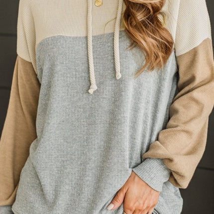 Drawstring Color Block Long Sleeve Hoodie