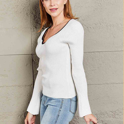 Double Take Contrast Sweetheart Neck Ribbed Top