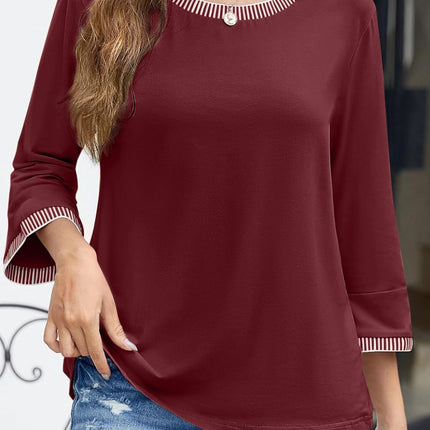 Contrast Trim Round Neck Three-Quarter Sleeve T-Shirt