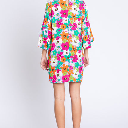 GeeGee Full Size Floral Round Neck Lantern Sleeve Mini Dress