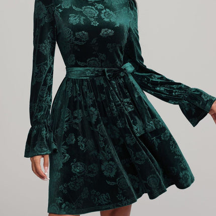 Tied Flower Print Round Neck Flounce Sleeve Dress