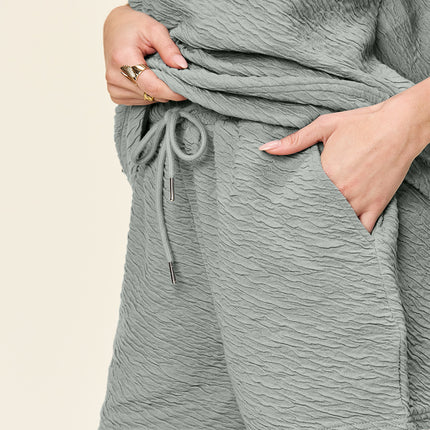 Double Take Full Size Texture Short Sleeve T-Shirt and Drawstring Shorts Set - Vickie Lynn's