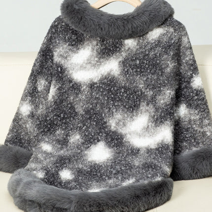 Furry Contrast Three-Quarter Poncho