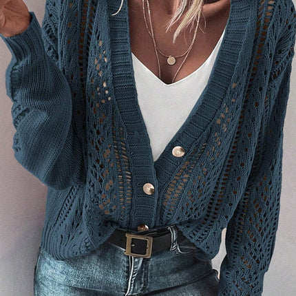 Openwork Button Up Long Sleeve Cardigan