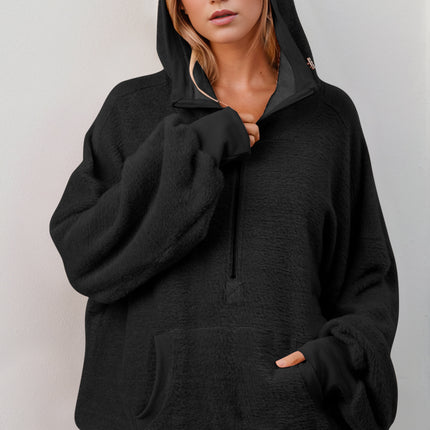 Double Take Full Size Half Zip Long Sleeve Hoodie with Kangaroo Pocket