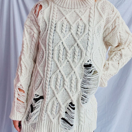 Distressed Cable-Knit Round Neck Long Sleeve Sweater