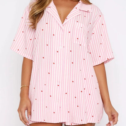 Valentine's Day Printed Collared Neck Short Sleeve Top and Shorts Set