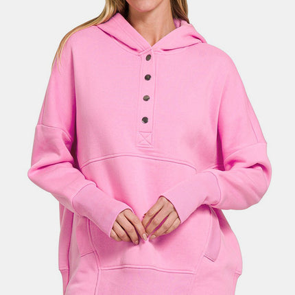 Zenana Half Snap Long Sleeve Hoodie with Kangaroo Pocket