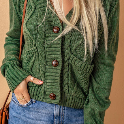 Cable-Knit Button Down V-Neck Cardigan