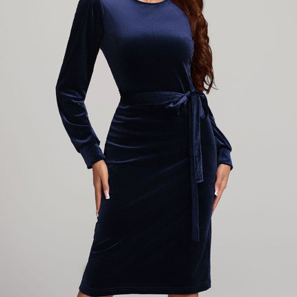 Round Neck Tie Waist Long Sleeve Velvet Dress