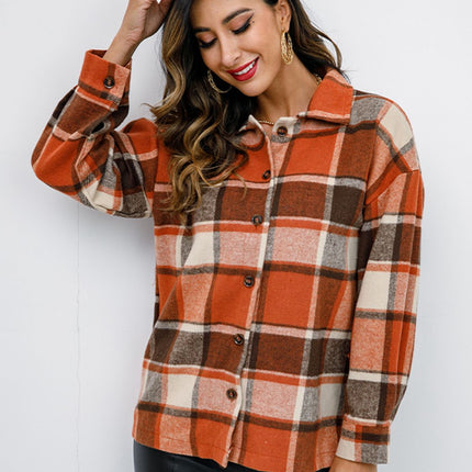 Shiny Plaid Button Up Collared Neck Jacket