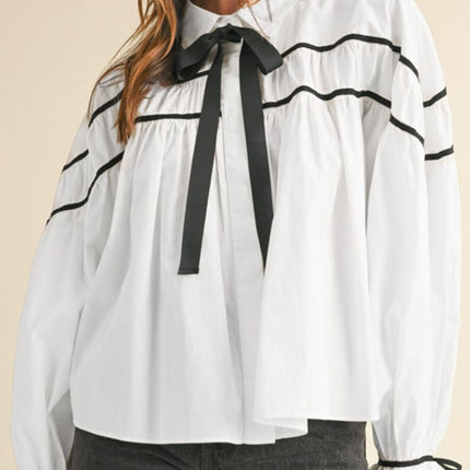 Ribbon Bowtie Collared Neck Flounce Sleeve Shirt