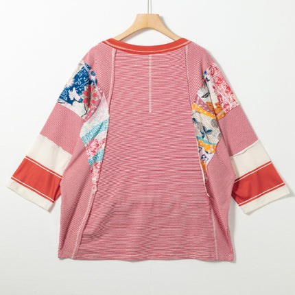 Striped Floral Patchwork Round Neck Top