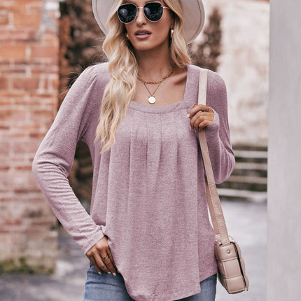 Double Take Pleated Detail Curved Hem Long Sleeve Top