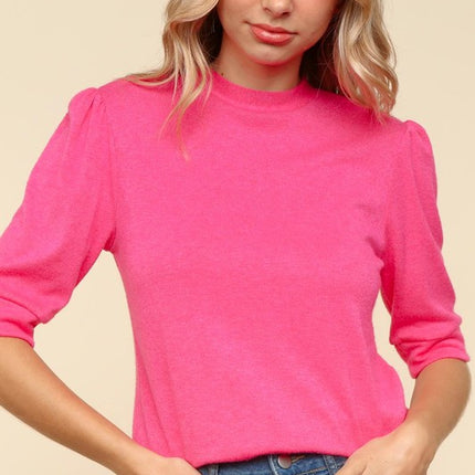 Haptics Tied Back Mock Neck Half Sleeve Knit Top