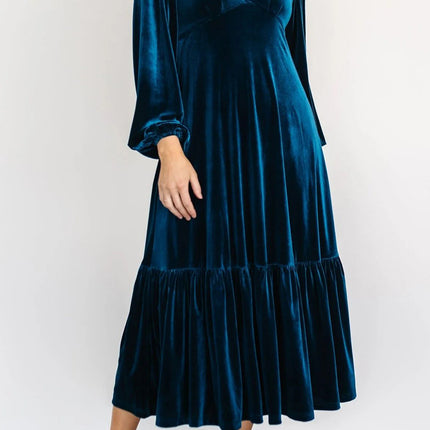 V-Neck Long Sleeve Midi Velvet Dress