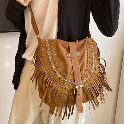 Suede Fringe Wide Strap Shoulder Bag