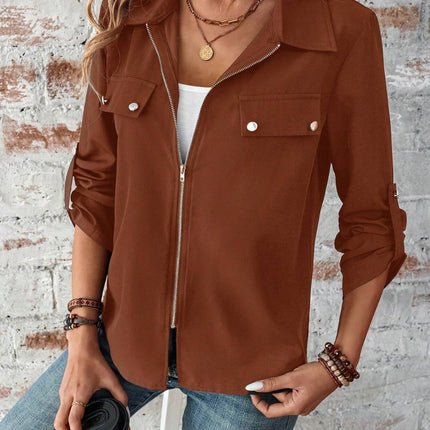 Zip Up Collared Neck Roll-Tab Sleeve Jacket