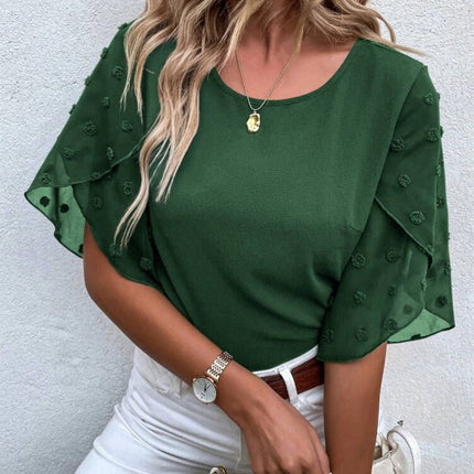 Swiss Dot Round Neck Half Sleeve Blouse