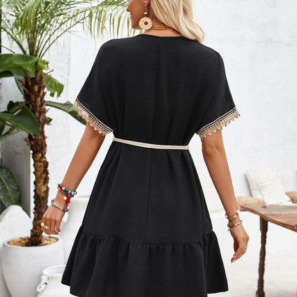 Ruffled V-Neck Half Sleeve Mini Dress