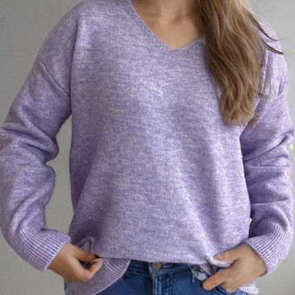 V-Neck Dropped Shoulder Long Sleeve Sweater