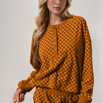 Double Take Checkered Half Button Top and Shorts Set - Vickie Lynn's