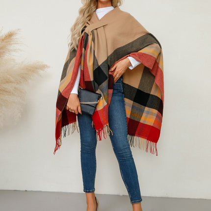 Fringe Contrast Plaid Poncho