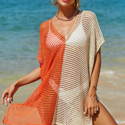 Double Take Openwork Contrast Slit Knit Cover Up