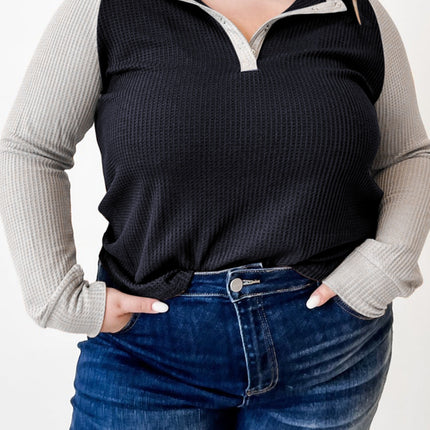 Plus Size Waffle-Knit Half Snap Long Sleeve Shirt